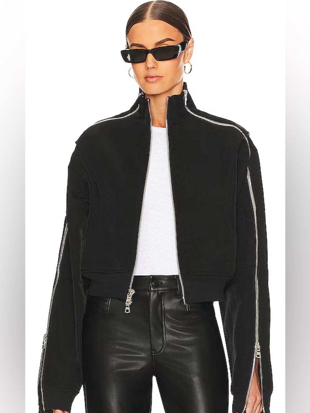RtA Black Cropped Bomber Jacket with Zip Front